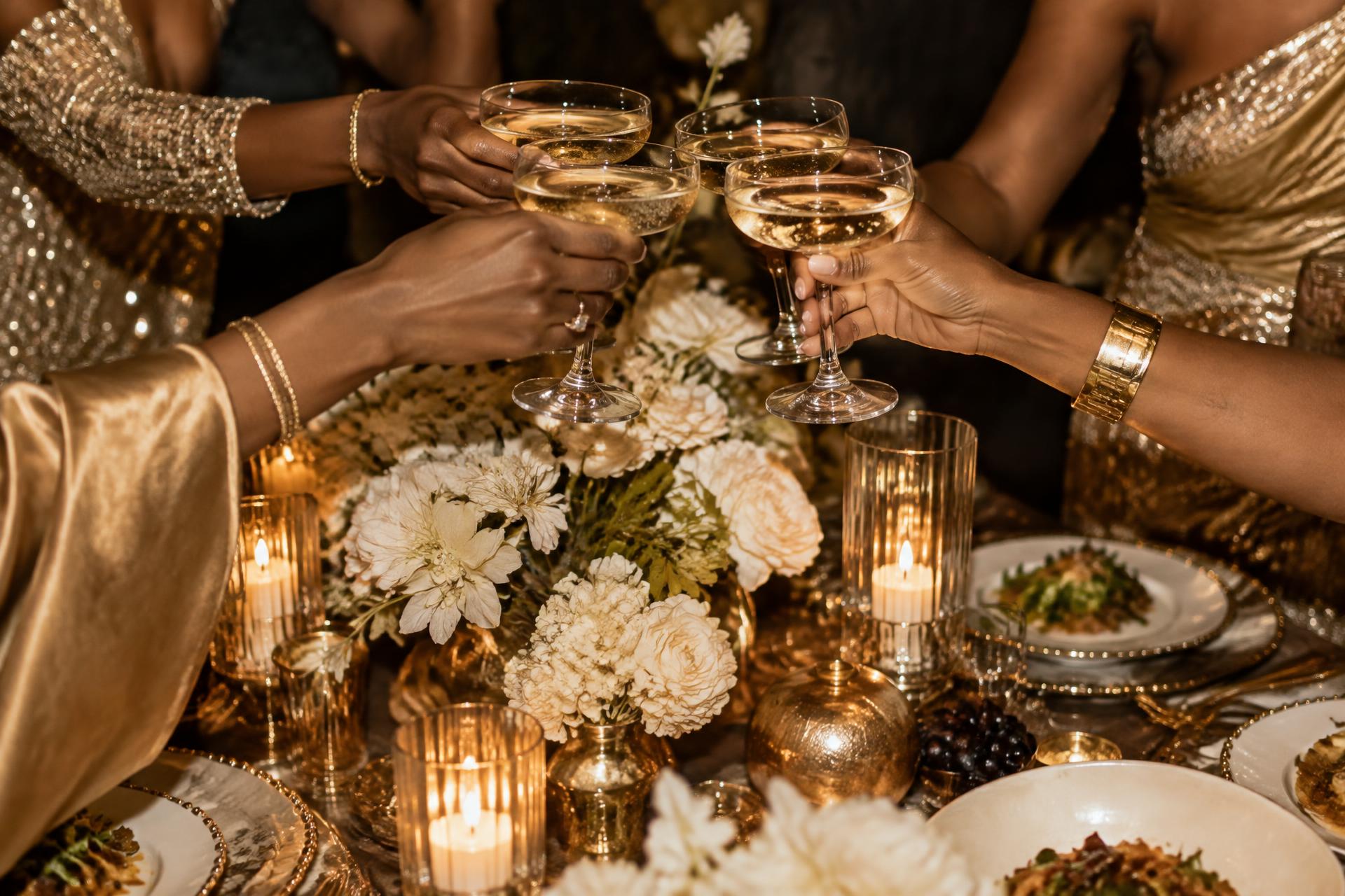 Women in shades of gold raising champagne glasses