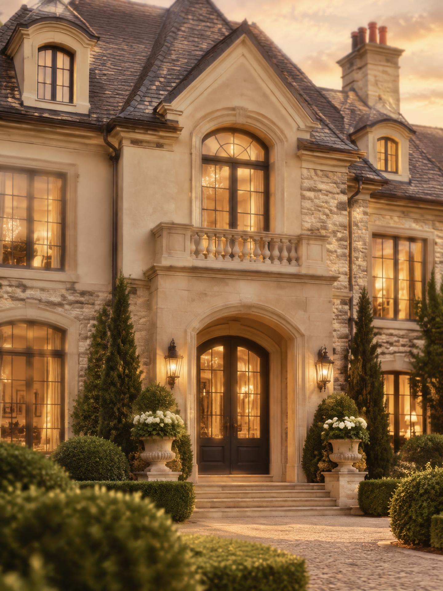 A grand waterfront estate glowing at dusk